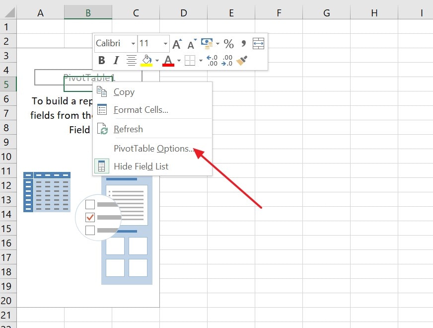 choose the pivottable options