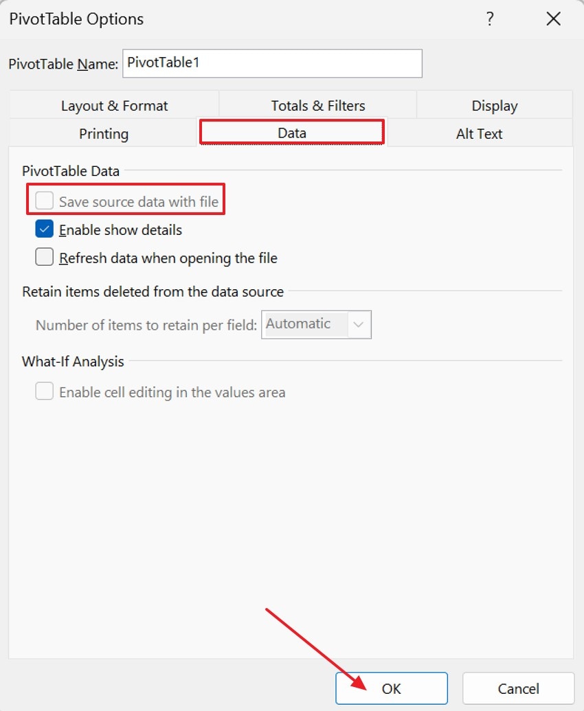 uncheck save source data with file