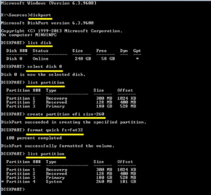 cmd commands to create efi system partition