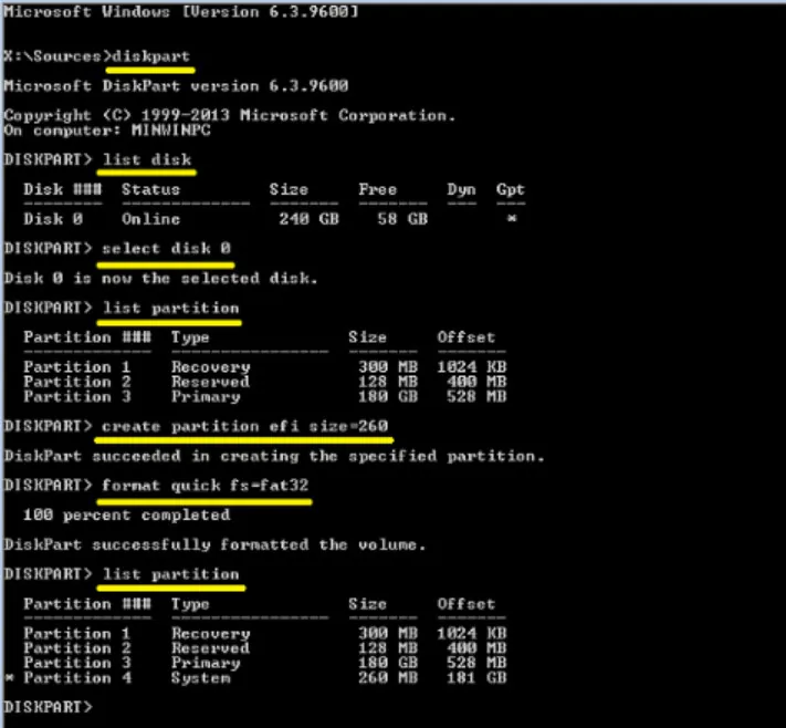 comandos cmd para crear particion efi del sistema