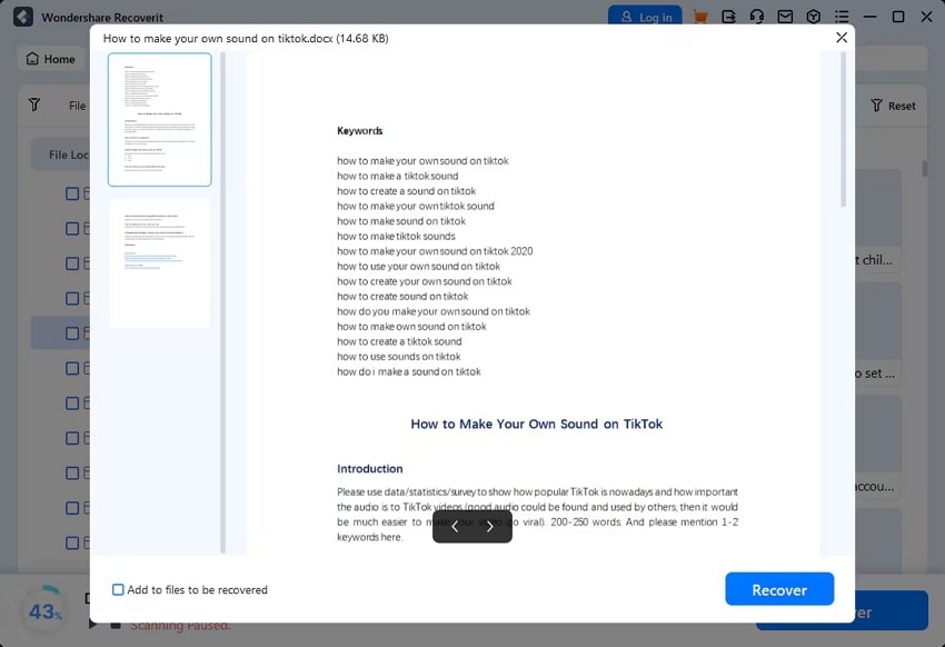 choose recover after previewing file