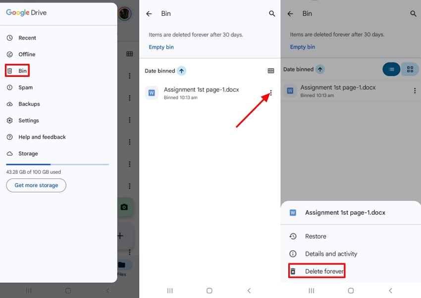 select three dots to delete forever