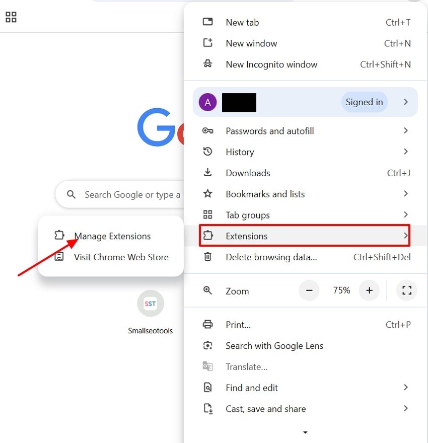 choose extensions in menu