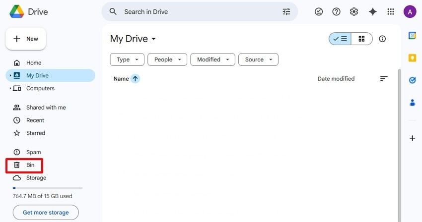 open bin in google drive