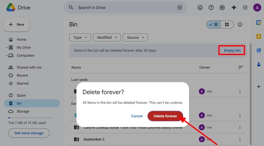 select delete forever in google drive