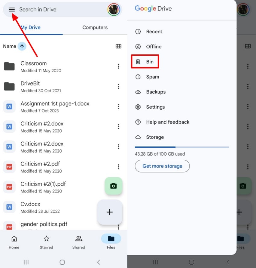 select bin phone google drive