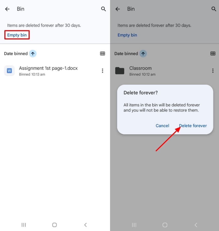 choose empty bin phone google drive