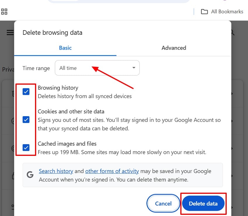 tick cookies and delete data