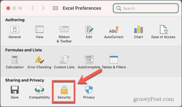 selecione segurança na janela de preferências do Excel