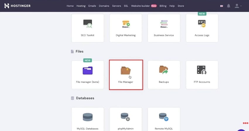 choose file manager option hostinger