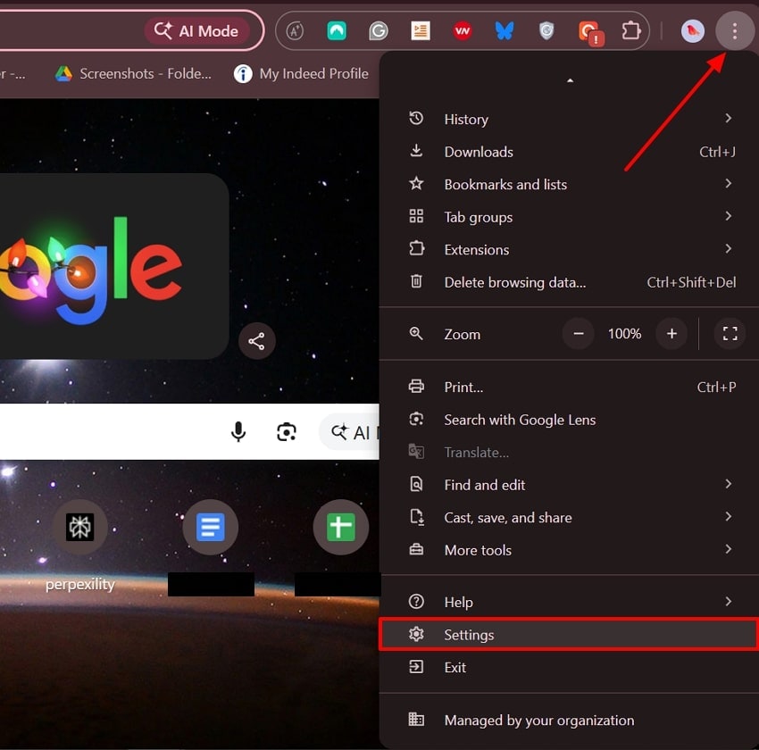 choose settings option chrome