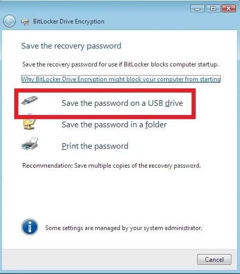 saving bitlocker password on usb drive