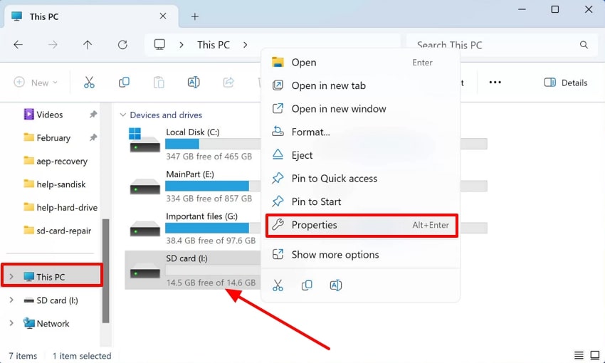 right-click sd card and choose properties