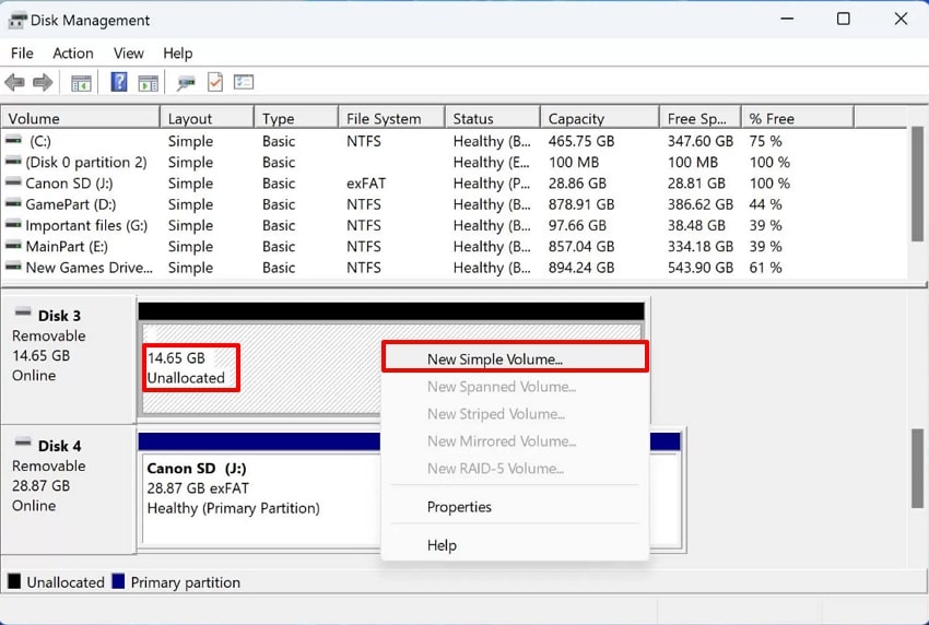 select the new simple volume option