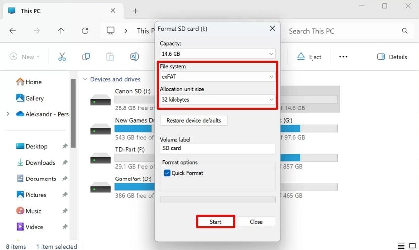 choose desired settings and select start button