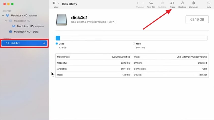 launch utility disk choose erase option