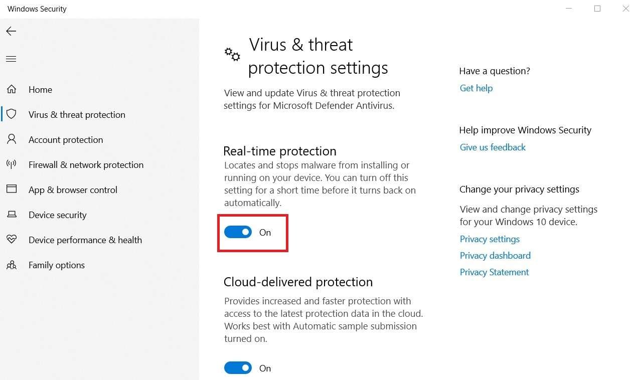 disable real-time virus and threat protection 