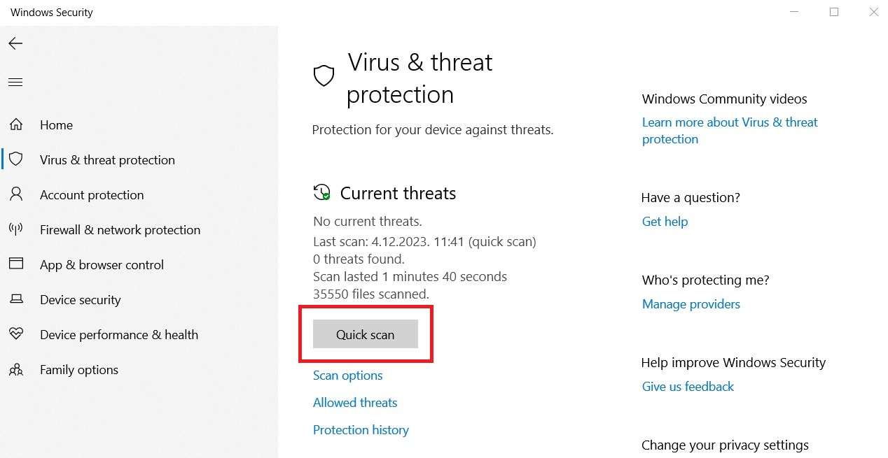 realiza un análisis rápido con windows defender