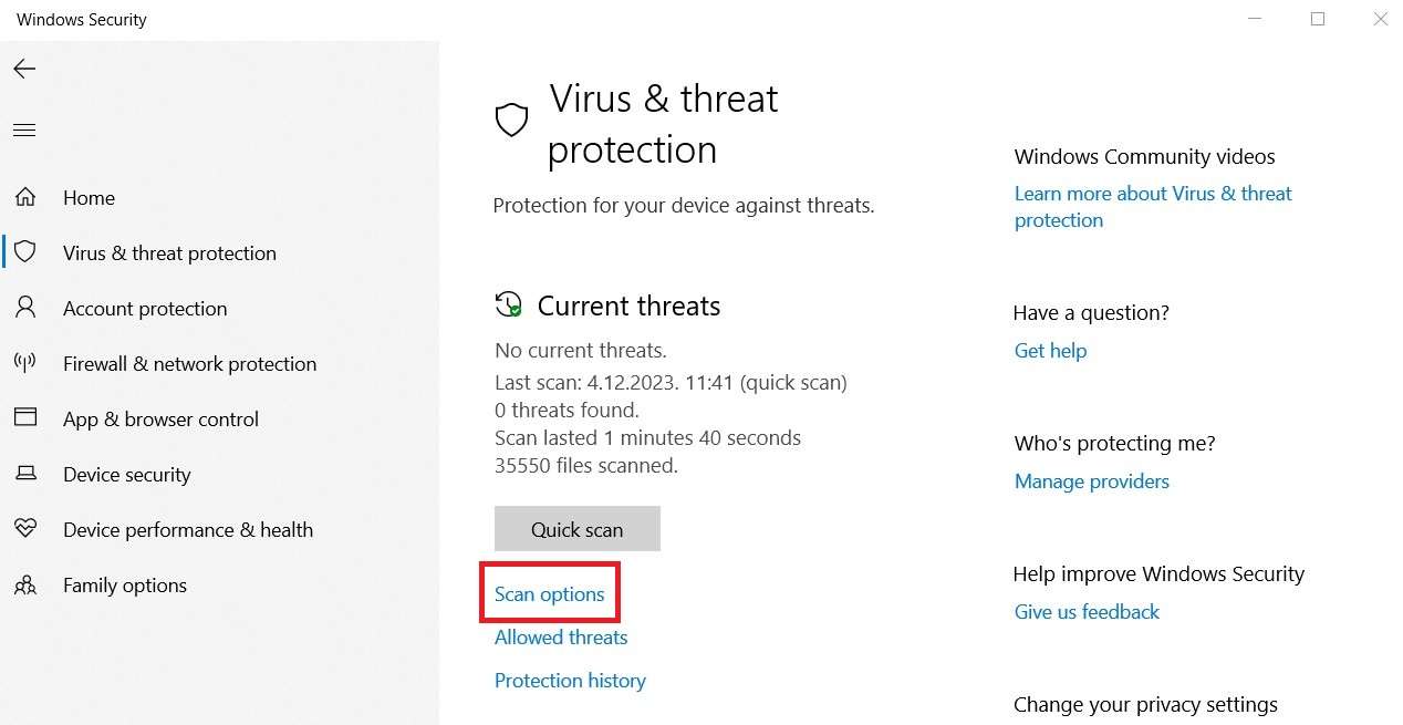 select scan options in windows defender 
