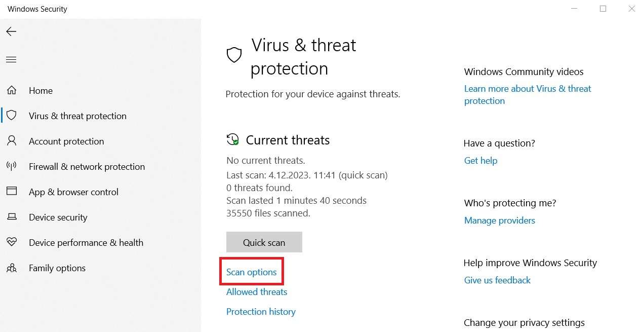 scanopties selecteren in windows defender 