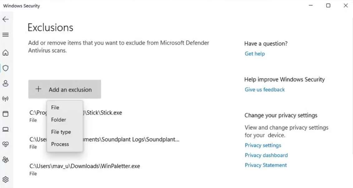 add an exclusion to windows defender