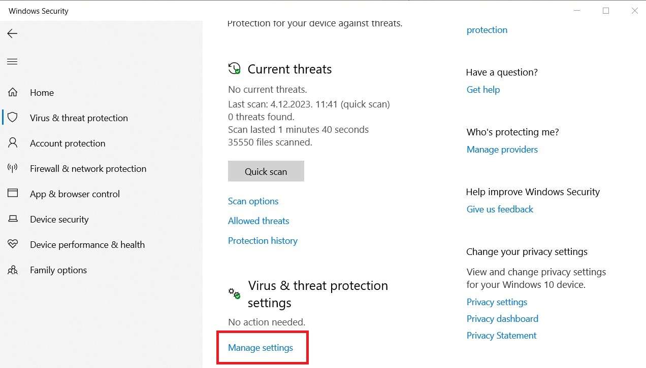 manage virus and threat protection settings