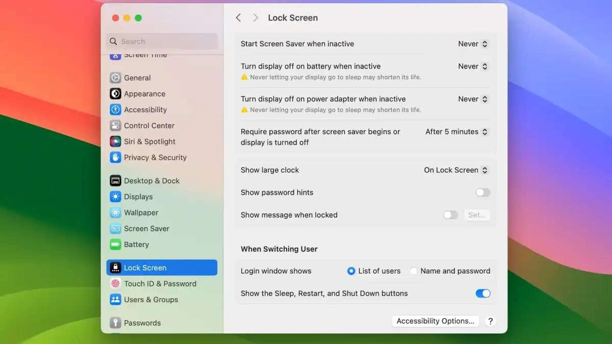 modifying lock screen settings in sonoma