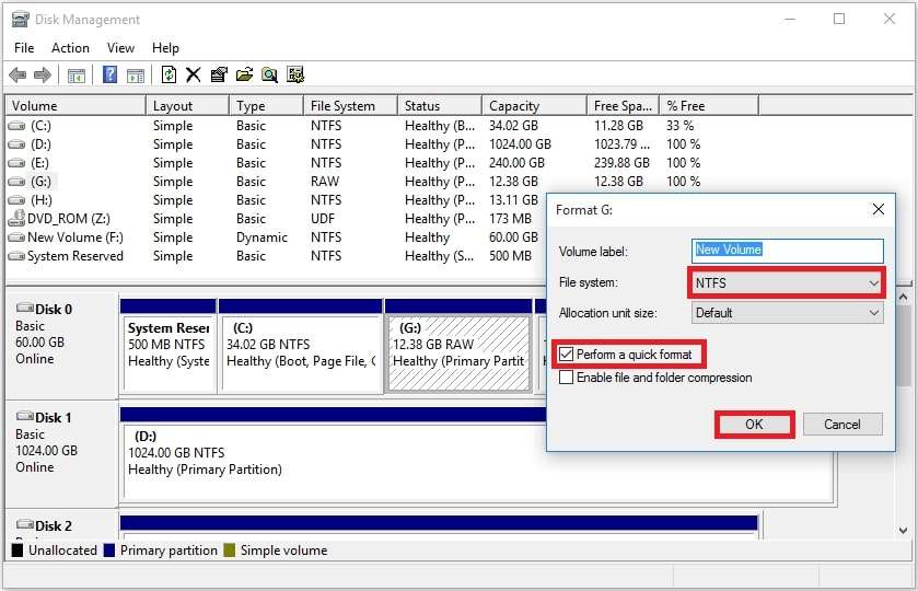 perform a quick format in disk management 