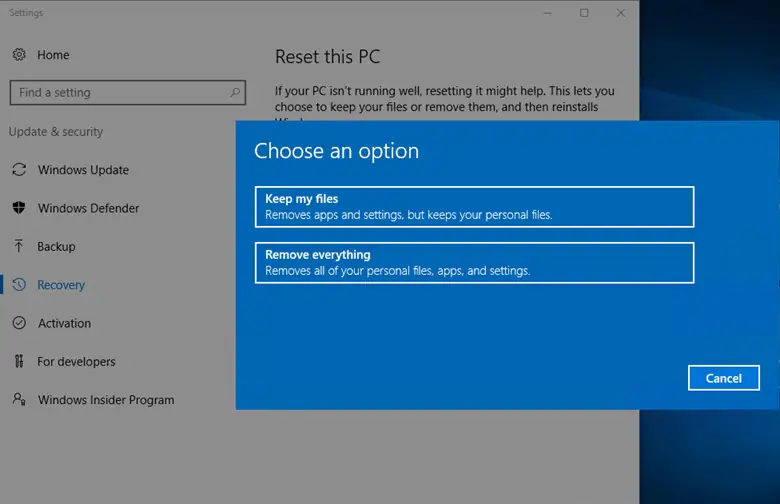 reset this pc windows 10 