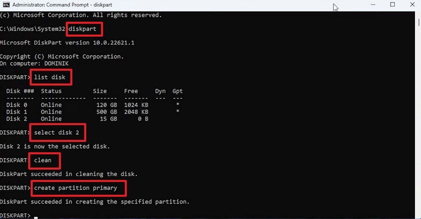 run diskpart to format usb drive