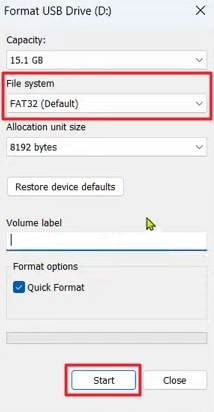 start quick drive format