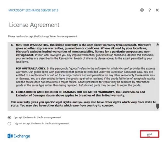 accept the exchange 2019 license agreement
