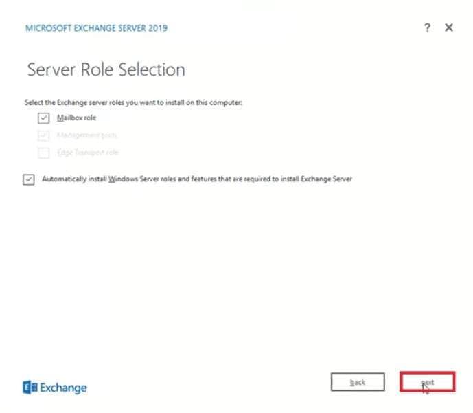 select server role for exchange 2019