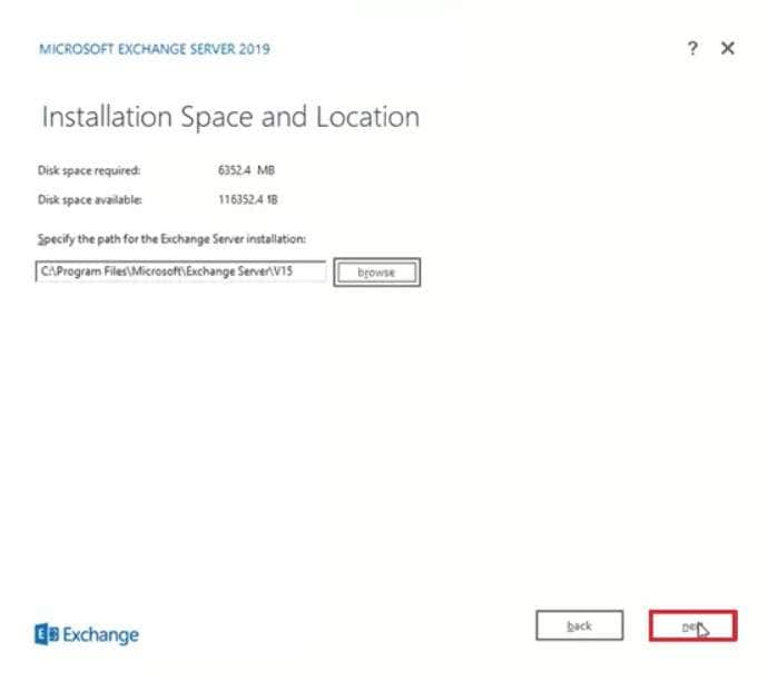 choose installation location for exchange 2019