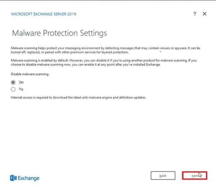 choose malware protection for exchange 2019