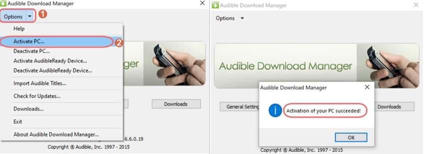ativação de computador no Audible Download Manager