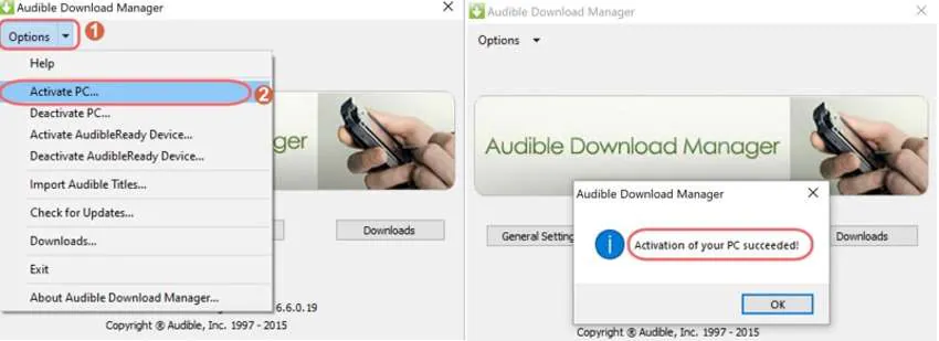 activación de pc en el gestor de descargas de audible