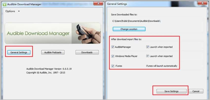 configurações gerais no Audible Download Manager