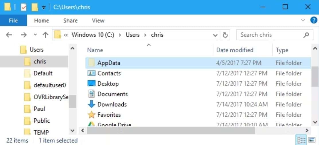 appdata folder on windows 10