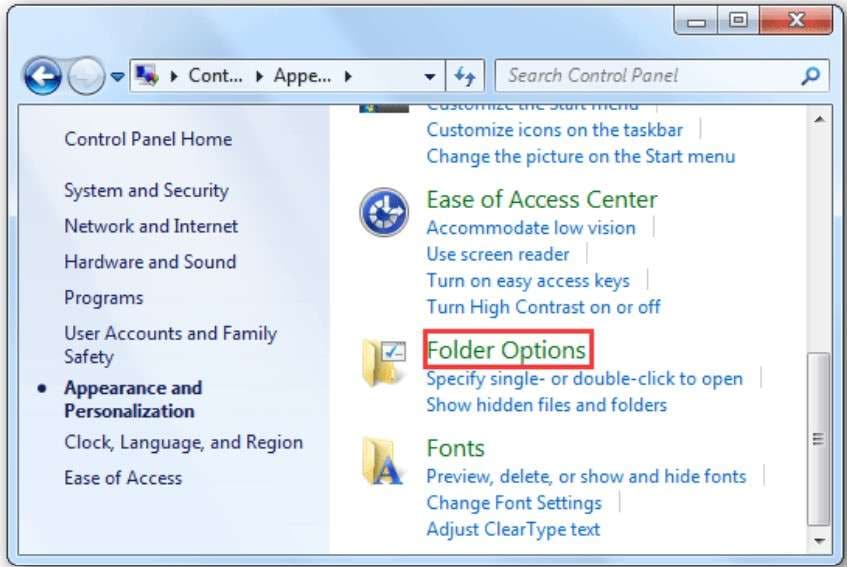folder options in appearance and personalization