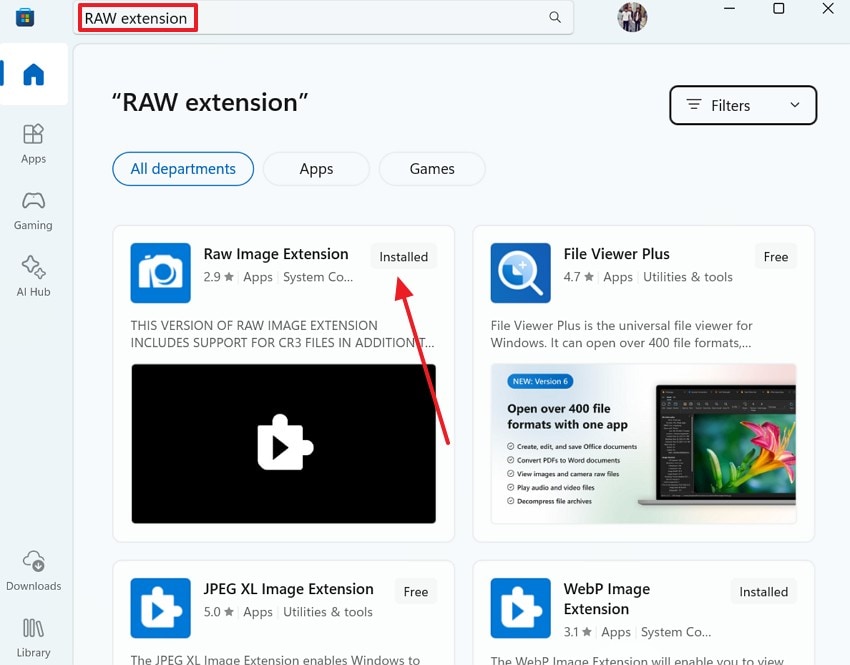 install raw extension app windows