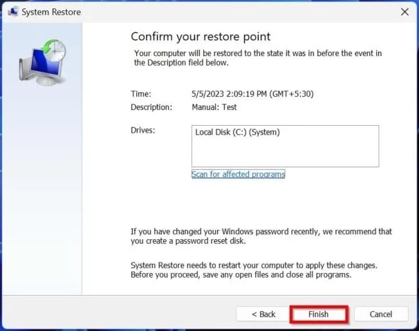 click finish to confirm your restore point.