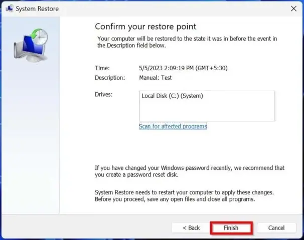 haz clic en finalizar para confirmar el punto de restauración.