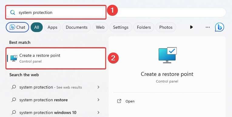 typing system restore and selecting create a restore point