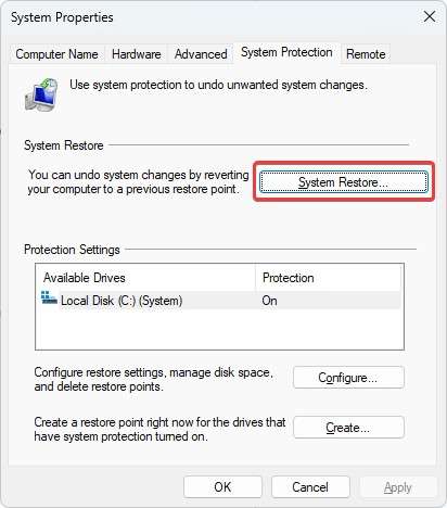 clicking on system restore