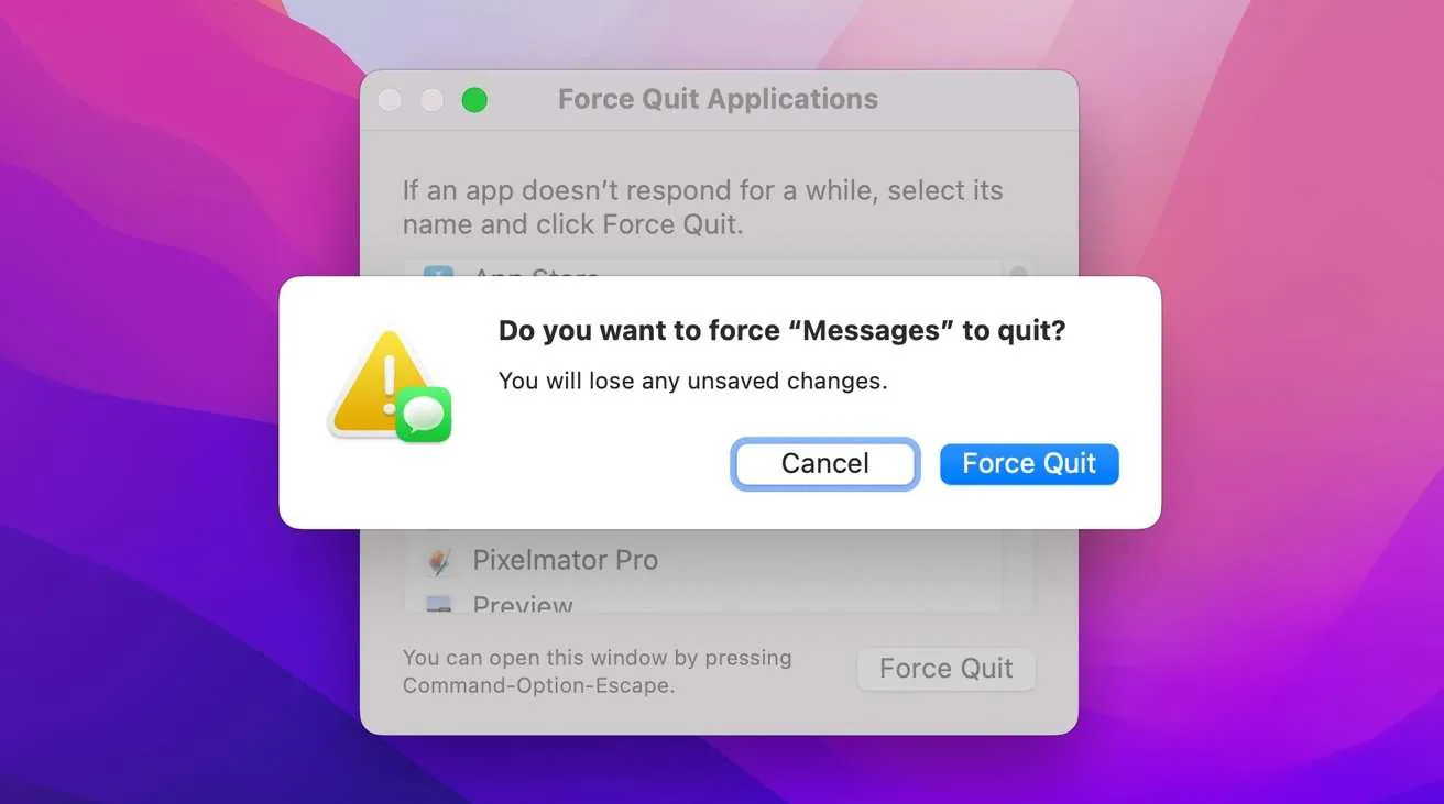 force quit messages app 