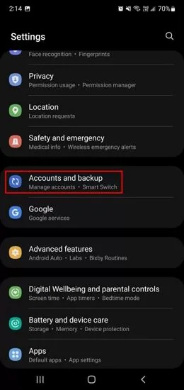 accounts and backups di android