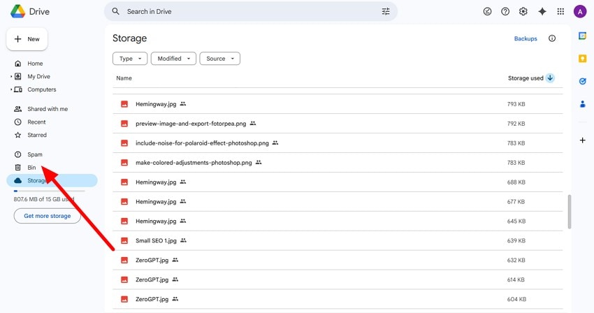 go to bin in google drive