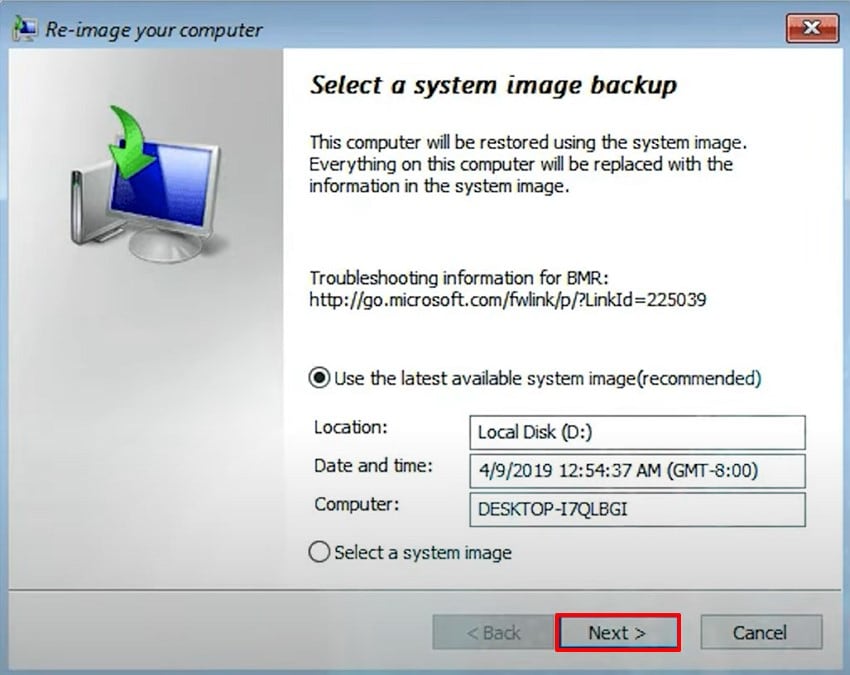 choose next and hit restore