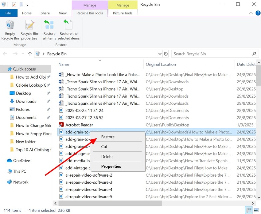 restore from recycle bin